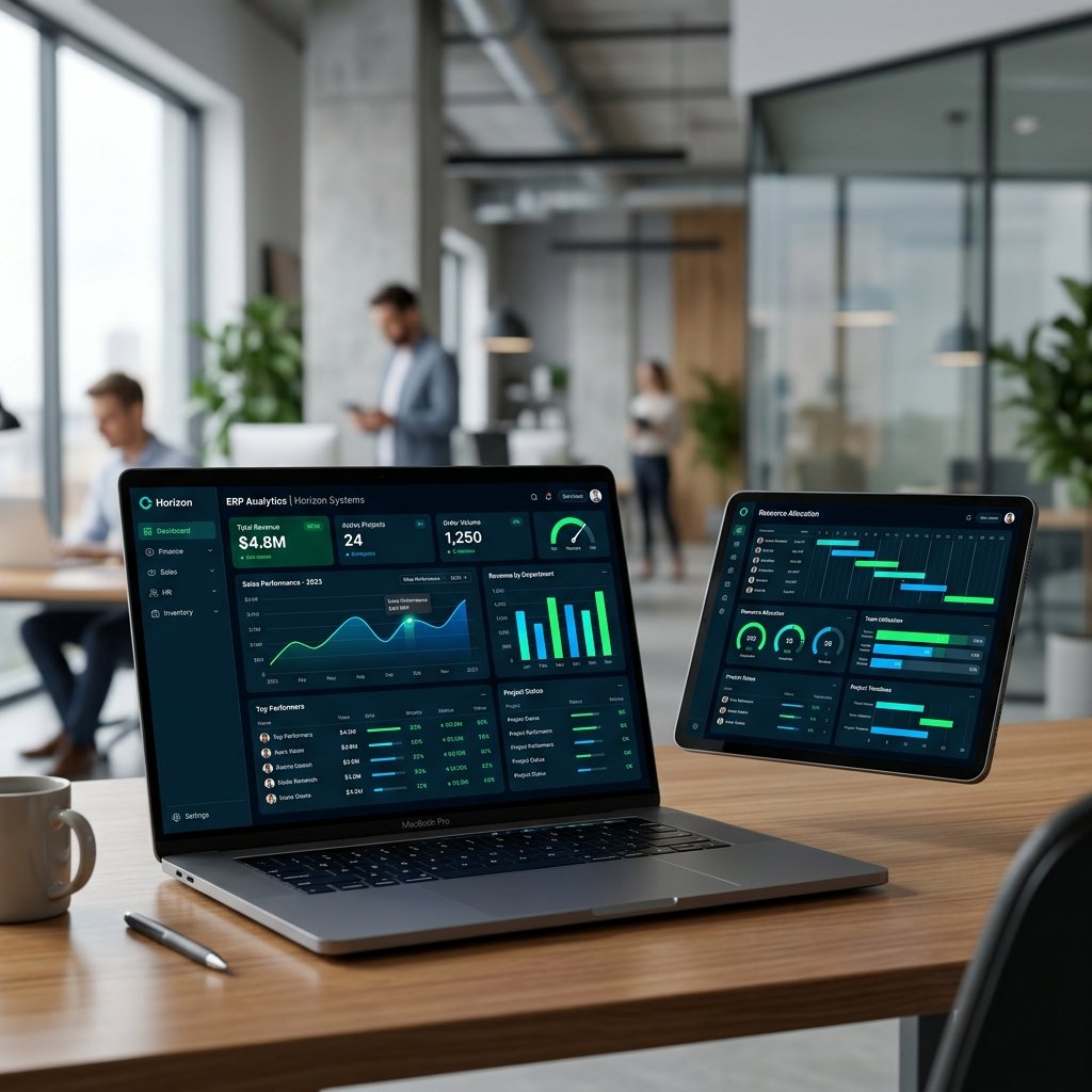 Dashboard de gestão industrial Horizon ERP Analytics em um MacBook Pro